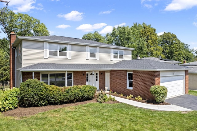 view of front property featuring a garage and a front lawn