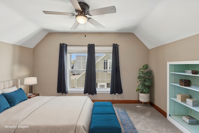 bedroom featuring carpet flooring, ceiling fan, and lofted ceiling