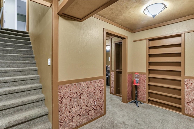 interior space with ornamental molding, carpet, and a textured ceiling