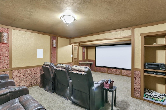 carpeted cinema room with a textured ceiling