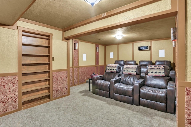 home theater with built in shelves and carpet floors