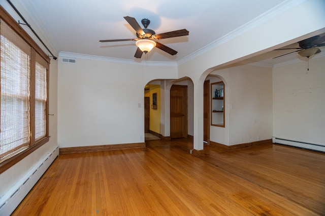 spare room with light hardwood / wood-style flooring, ceiling fan, a baseboard radiator, and crown molding