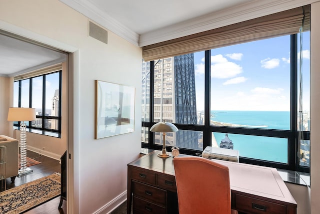 home office featuring crown molding, dark hardwood / wood-style floors, and a water view