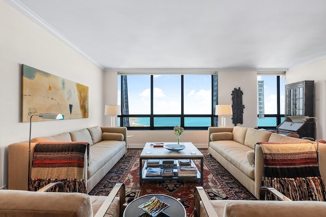 living room with a water view and ornamental molding