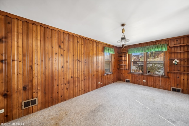 spare room featuring carpet flooring and wood walls