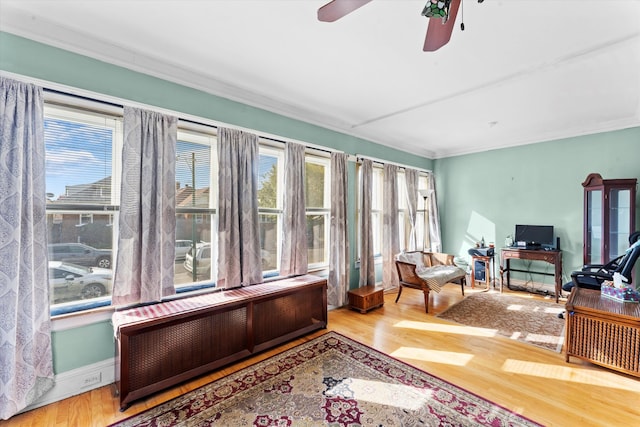 sunroom with ceiling fan and radiator heating unit