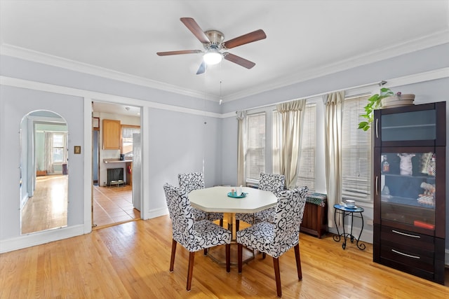 dining space featuring light hardwood / wood-style flooring, crown molding, and ceiling fan