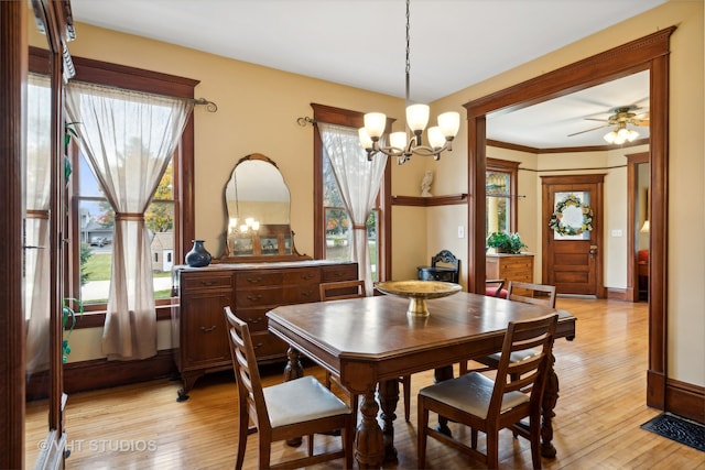 dining room featuring crown molding, ceiling fan with notable chandelier, and light wood-type flooring