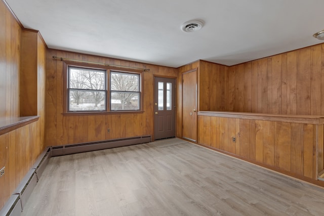 unfurnished room with wooden walls, light hardwood / wood-style floors, and a baseboard radiator