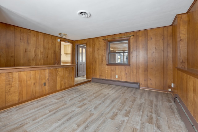 unfurnished room with baseboard heating, light hardwood / wood-style floors, and wooden walls