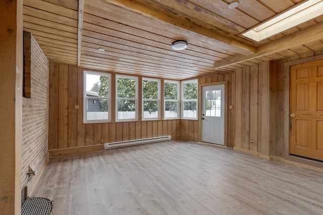 unfurnished sunroom with wood ceiling, a skylight, and a baseboard heating unit