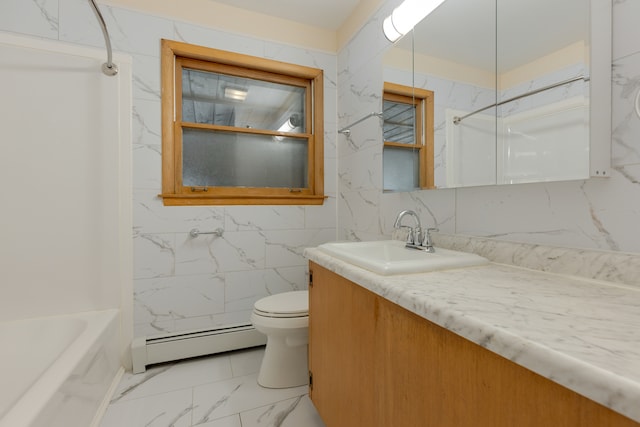 full bathroom with tile walls, vanity, bathtub / shower combination, toilet, and baseboard heating