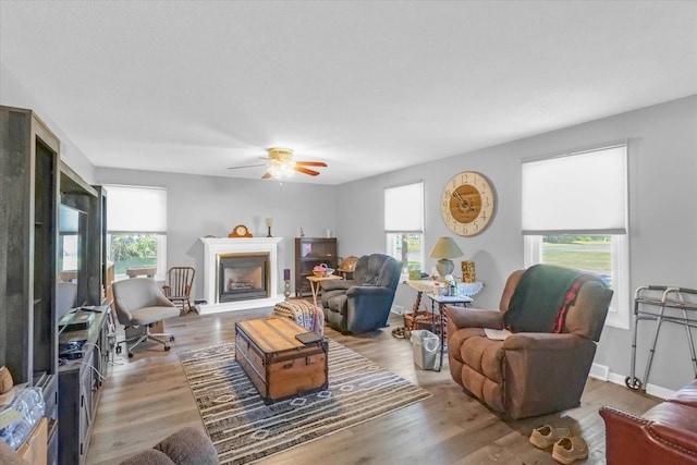 living room featuring ceiling fan and hardwood / wood-style floors