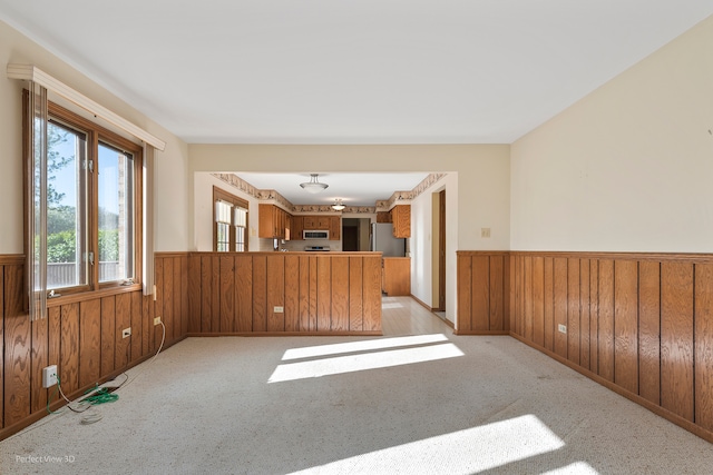 unfurnished room with wood walls and light colored carpet