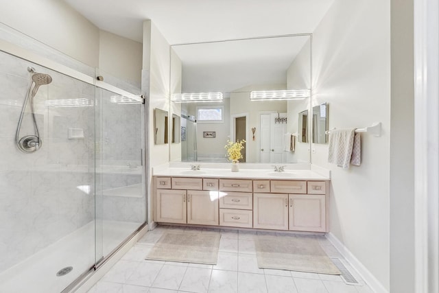 bathroom with vanity and a shower with shower door