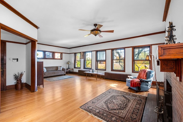 living room featuring crown molding, a fireplace, light wood-style flooring, radiator heating unit, and baseboards