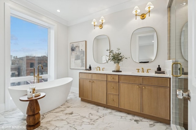 bathroom with plus walk in shower, vanity, and ornamental molding