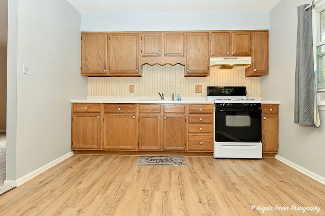 kitchen featuring white range with gas stovetop, decorative backsplash, light hardwood / wood-style flooring, and sink