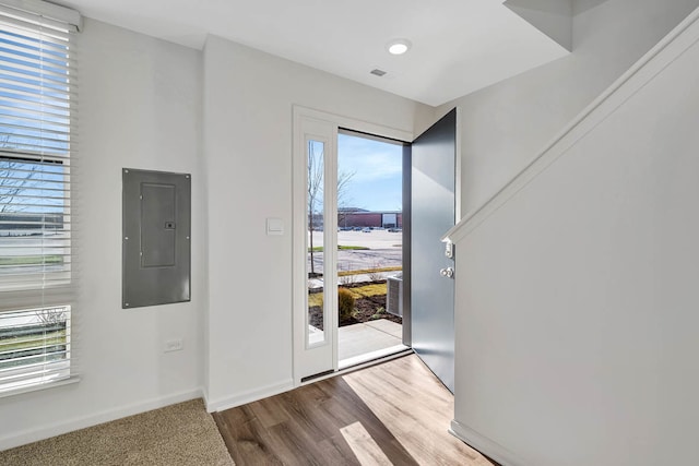 foyer entrance featuring electric panel and wood-type flooring