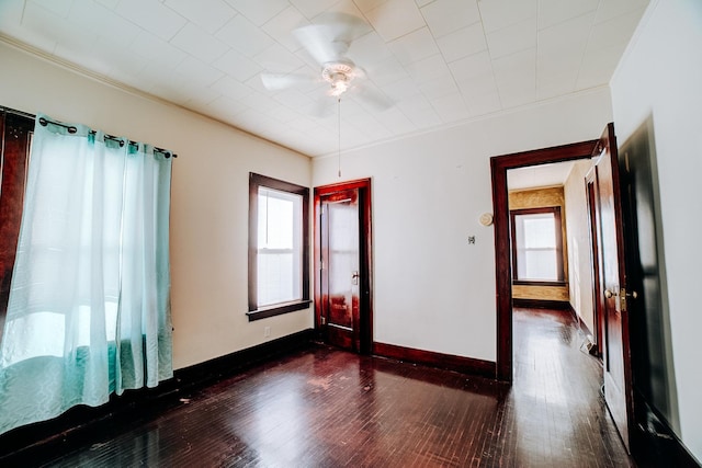 spare room with crown molding, dark wood-type flooring, and ceiling fan