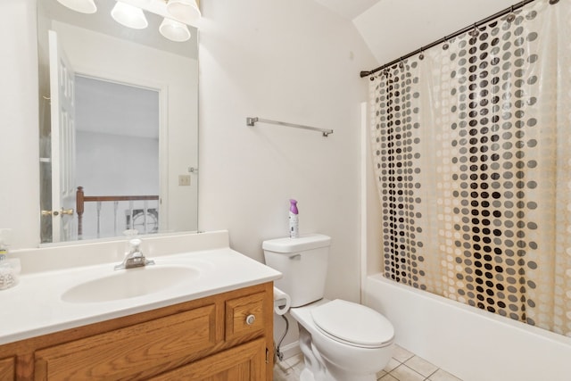 full bathroom with toilet, tile patterned floors, lofted ceiling, vanity, and shower / bathtub combination with curtain