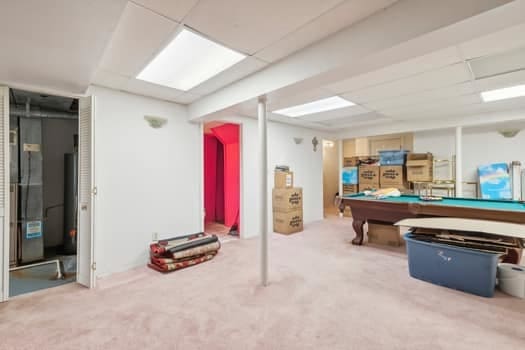 playroom featuring a drop ceiling, billiards, and carpet