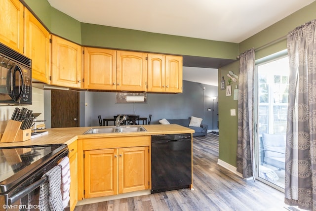 kitchen with light hardwood / wood-style flooring, black appliances, sink, and kitchen peninsula