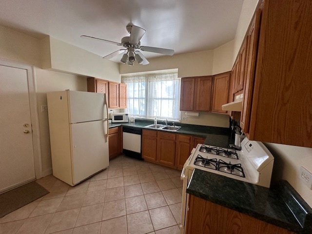 kitchen with ceiling fan, sink, light tile patterned floors, and white appliances