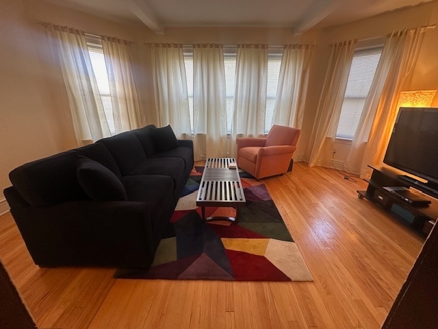 living room with light hardwood / wood-style floors and beamed ceiling