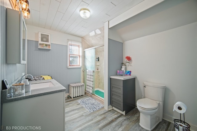 bathroom featuring lofted ceiling, toilet, a shower with shower door, vanity, and radiator heating unit