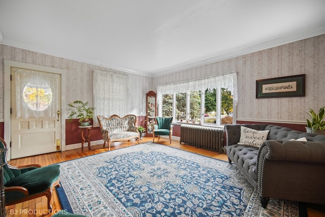 living room featuring crown molding, wood-type flooring, and radiator heating unit