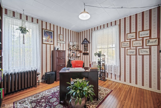 office space featuring a healthy amount of sunlight, radiator heating unit, and wood-type flooring