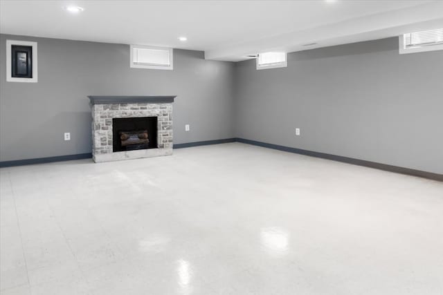 basement featuring a fireplace