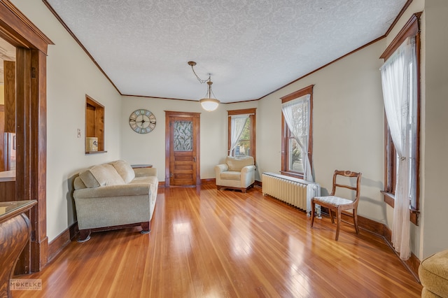 living area with radiator, a textured ceiling, light hardwood / wood-style floors, and crown molding