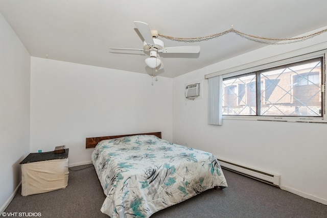 carpeted bedroom with ceiling fan, a baseboard heating unit, and a wall mounted air conditioner