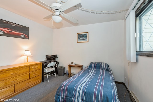 bedroom featuring ceiling fan, a baseboard heating unit, and dark carpet