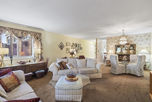 carpeted living room with a chandelier