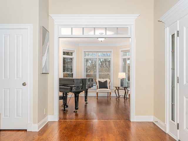 sitting room featuring ornamental molding and dark wood-type flooring