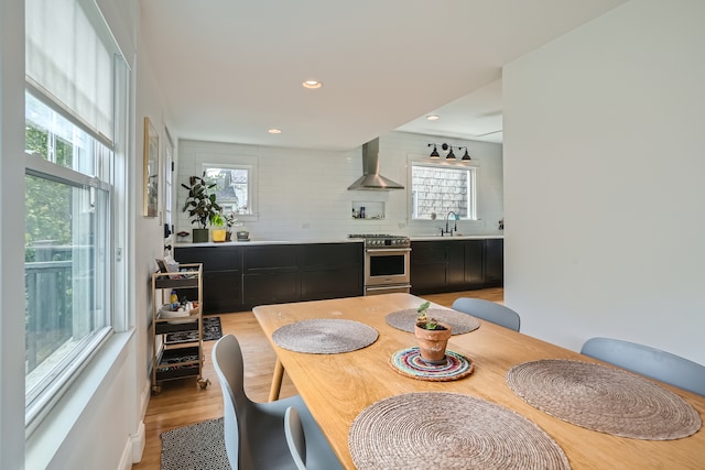 dining area featuring sink, light hardwood / wood-style flooring, and a healthy amount of sunlight