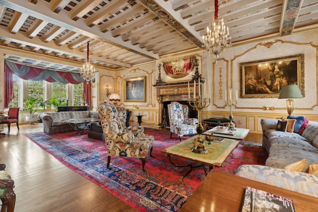 1355 N Astor St, Chicago, IL 60610 - living room with an inviting chandelier, wainscoting, a decorative wall, wood finished floors, and beamed ceiling