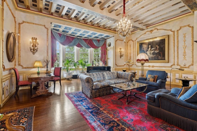 1355 N Astor St, Chicago, IL 60610 - living area featuring a decorative wall, a chandelier, wood finished floors, and ornamental molding
