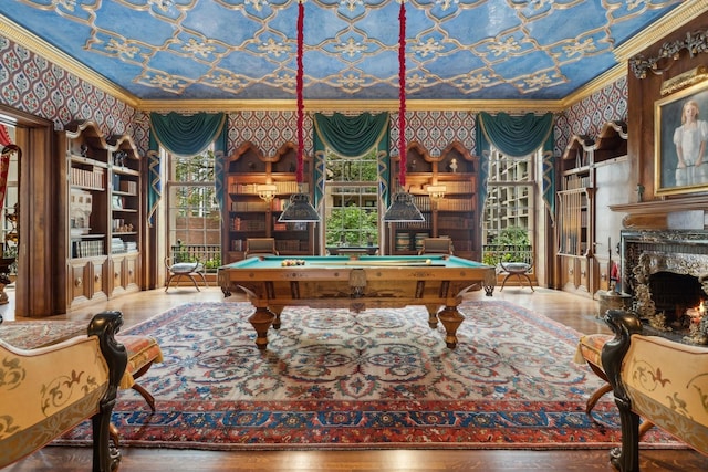 1355 N Astor St, Chicago, IL 60610 - rec room featuring a premium fireplace, wallpapered walls, ornamental molding, and pool table