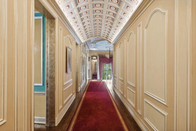 1355 N Astor St, Chicago, IL 60610 - corridor with ornamental molding, a decorative wall, and coffered ceiling