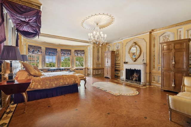 1355 N Astor St, Chicago, IL 60610 - tiled bedroom with a notable chandelier, a fireplace, crown molding, and a decorative wall