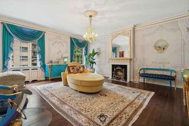 1355 N Astor St, Chicago, IL 60610 - living area featuring a large fireplace, ornamental molding, a notable chandelier, and wood finished floors