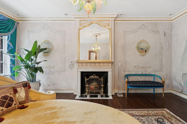 1355 N Astor St, Chicago, IL 60610 - bedroom with wood finished floors, baseboards, a fireplace with flush hearth, and a notable chandelier