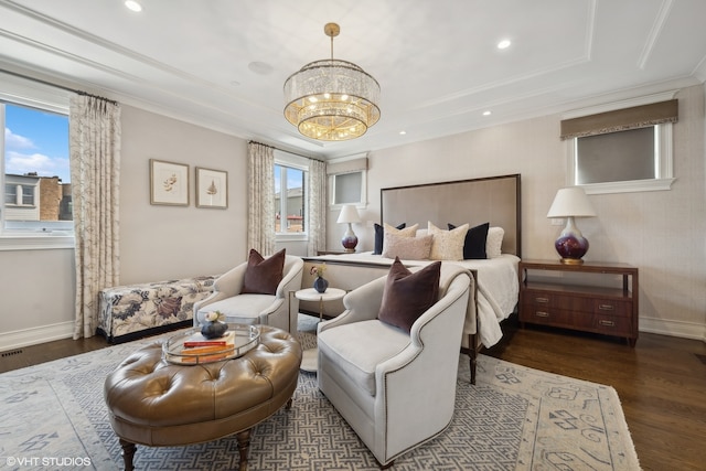 bedroom with ornamental molding, multiple windows, an inviting chandelier, and dark hardwood / wood-style flooring