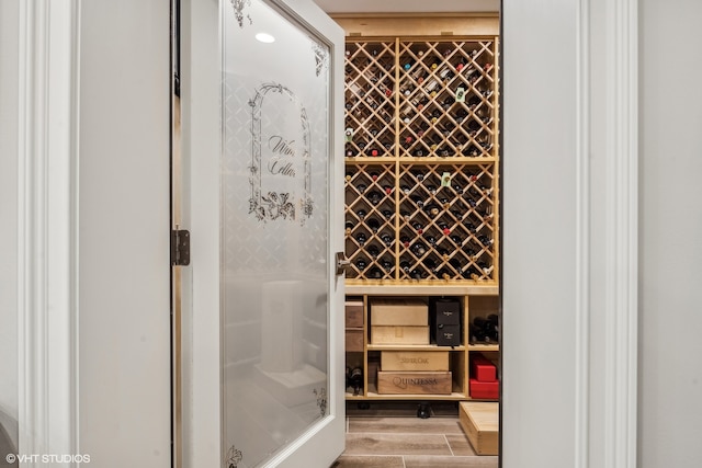 wine room with wood-type flooring