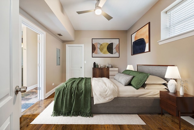 bedroom featuring electric panel, wood-type flooring, and ceiling fan