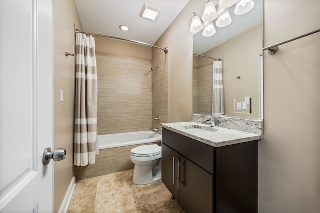 full bathroom featuring vanity, shower / bath combination with curtain, and toilet